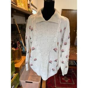 90s vintage Amancio flower embroidered knit collared sweater cotton ramie blend